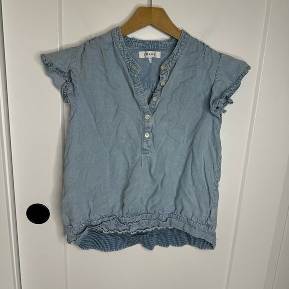 Frame Denim Rowan Chambray Blue Henley Flutter Sleeve Blouse Size Large - Picture 2 of 6